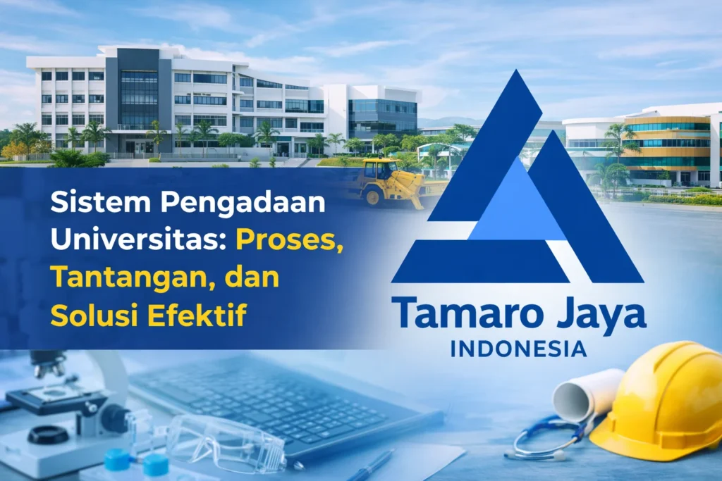 Ilustrasi sistem pengadaan universitas meliputi proses, tantangan, dan solusi dengan logo Tamaro Jaya Indonesia