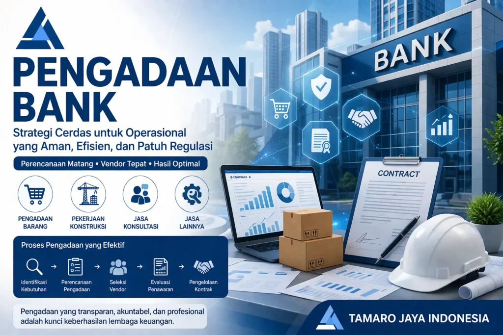 Ilustrasi pengadaan bank oleh Tamaro Jaya Indonesia dengan strategi efisien, transparan, dan berbasis teknologi untuk operasional lembaga keuangan
