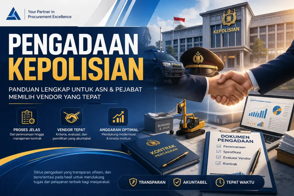 Feature image pengadaan kepolisian dengan ilustrasi proses pengadaan, vendor, dan dokumen kontrak untuk ASN dan pejabat pemerintah