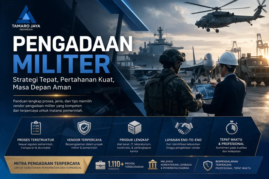 Ilustrasi proses pengadaan militer pemerintah dengan vendor terpercaya dan sistem yang profesional